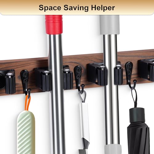Rustic Wood Broom and Mop Holder Wall Mount with 5 Slots and 4 Hooks