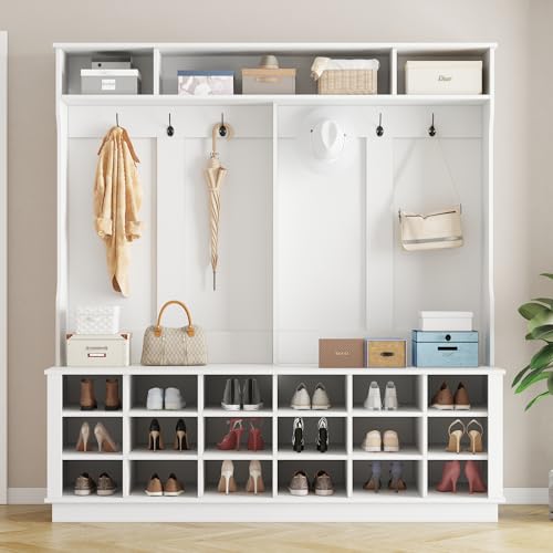Extra Large Hall Tree with Bench and Shoe Storage, Entryway Coat Rack