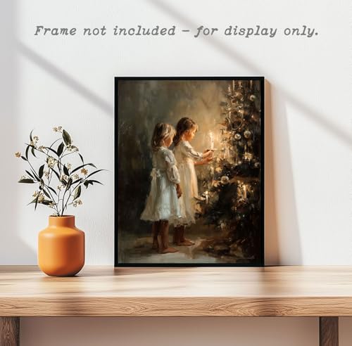 Japrex 11x14 Nostalgic Victorian Christmas Wall Art – Candlelit Tree & Children Print, Unframed