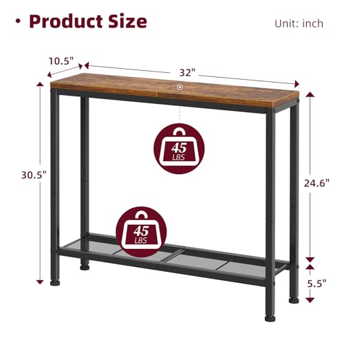 32-Inch Narrow Console Table with Storage Shelf, Rustic Sofa Entryway Table