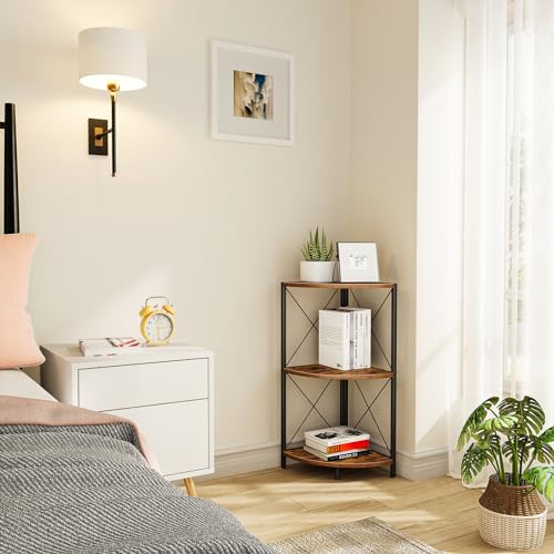 3-Tier Rustic Corner Shelf, Industrial Freestanding Storage Organizer