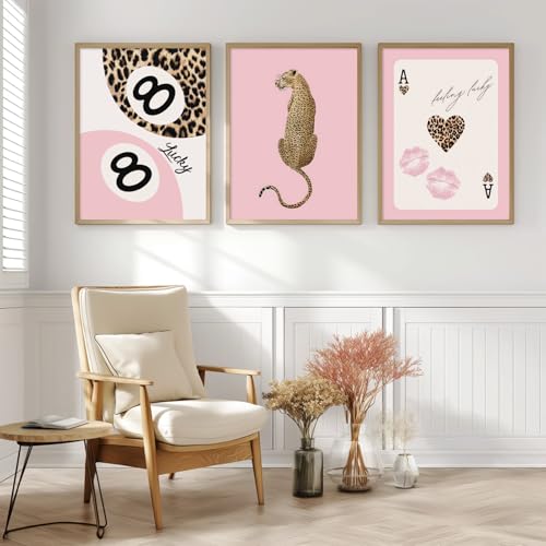 Preppy Cheetah Canvas Wall Art Set Pink Aesthetic Bedroom Decor