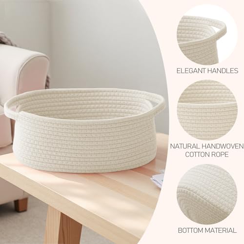 Small Woven Cotton Rope Gift Basket with Handles, White Storage Bin