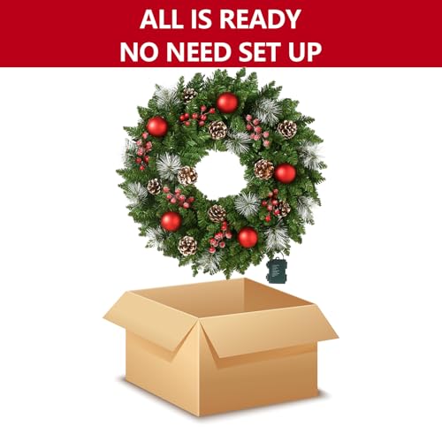 24 Inch Pre-Lit Artificial Christmas Wreath for Front Door, Door