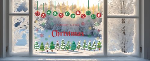 Have Yourself a Merry Little Christmas Double-Sided Window Decal Pine Trees Snowflakes Holiday Sticker