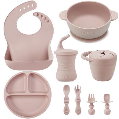Silicone Baby Feeding Set 9-Piece Self Feeding Supplies with Suction Plate, Bowl, Bibs, Sippy Cup, Snack Container and Utensils in Pink