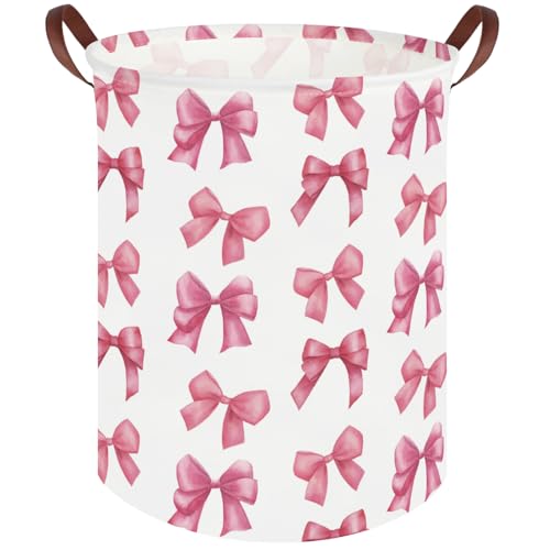 Pink Bow Laundry Basket - Collapsible Waterproof Canvas Nursery Hamper