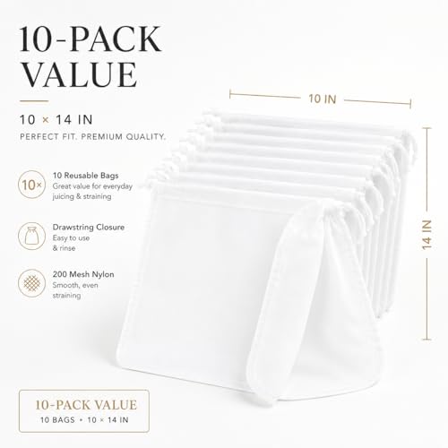 Reusable 200 Mesh Juicer Bags, 10 x 14 Inch Nylon Fine Mesh for Nut Milk