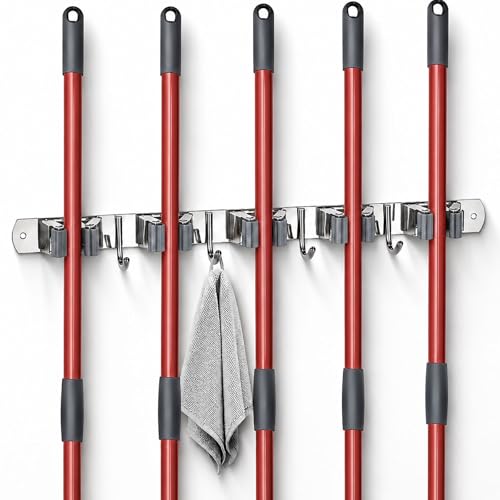 Stainless Steel Mop and Broom Holder Wall Mount with 5 Racks and 4 Hooks