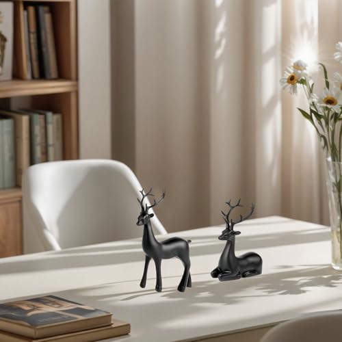 Black Small Reindeer Sculptures, 2 Pcs Matte Black Deer Christmas Decor, Modern Holiday Deer Statues, Reindeer Sculpture for Living Room, Bedroom, Office Desktop, Mantel, Shelf & Tabletop Decor