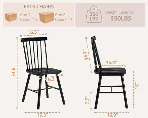 Windsor Dining Chairs Set of 6, Solid Wood Spindle Back Kitchen Chairs, Black
