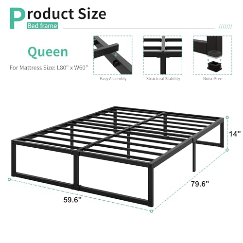 Queen Size Metal Platform Bed Frame, Heavy Duty Steel Slat Support