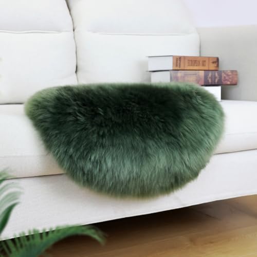 IRIWOOL Military Green Round Sheepskin Chair Cover 16.5" Soft Fur Seat Cushion
