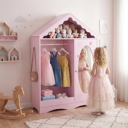Kids Dress Up Storage Wardrobe with Mirror, Rooftop Closet Organizer for Girls