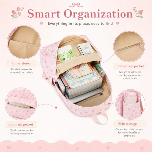 Girls School Backpack Set with Insulated Lunch Box & Pencil Bag - Pink Bow