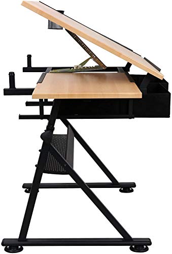 Adjustable Drafting Desk and Stool Set with Tiltable Tabletop and Drawers