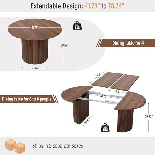 Extendable Dining Table - Round to Oval 41-78" Fluted Pedestal Base, Walnut