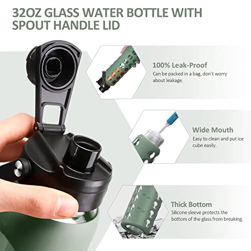 32oz Glass Water Bottle with Time Marker, Silicone Sleeve & Two Lids