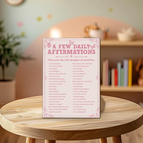 A Few Daily Affirmations Sign - 8x11 Wooden Desk Plaque with Stand, Pink Home & Office Decor