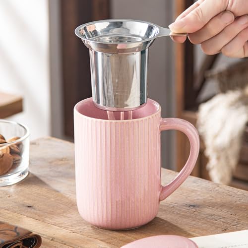 Yundu Flambe Pink Ceramic Tea Cup with Infuser & Lid 15.5oz/470ml
