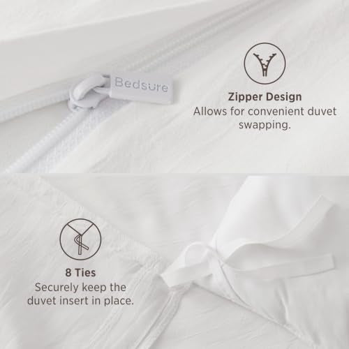 Bedsure White Queen Duvet Cover Set with Zipper Closure, Prewashed Microfiber Bedding