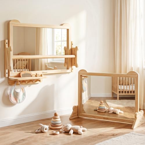 Montessori Baby Mirror with Adjustable Pull-Up Bar & Storage Shelf