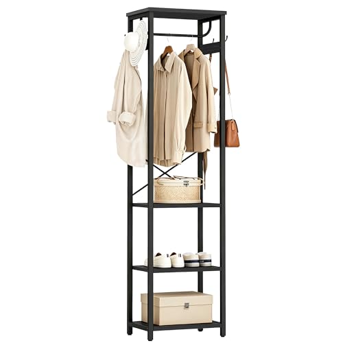 Industrial Freestanding Coat Rack with Hanging Rod and 3 Wooden Shelves