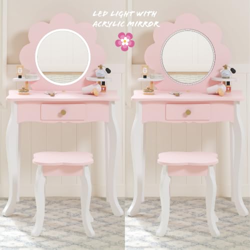 Kids Vanity Set with LED Flower Mirror and Stool - Pastel Pink