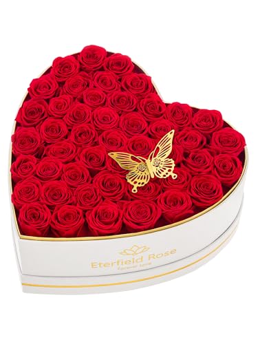 47 Preserved Roses in Heart-Shaped Suede Box, Long-Lasting Forever Flowers