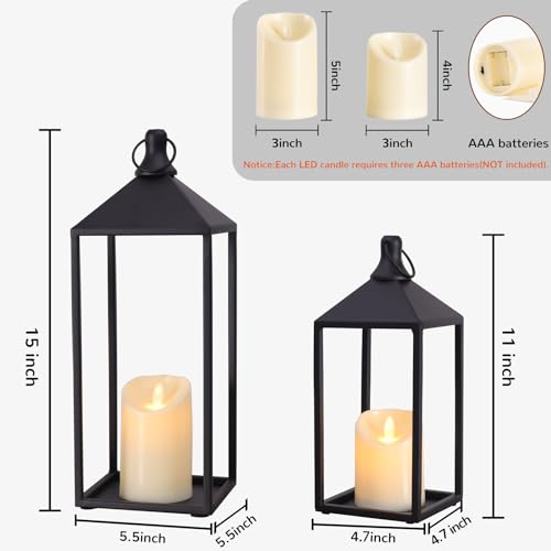 Black Decorative Metal Lanterns Set with Candles - 15" & 11"
