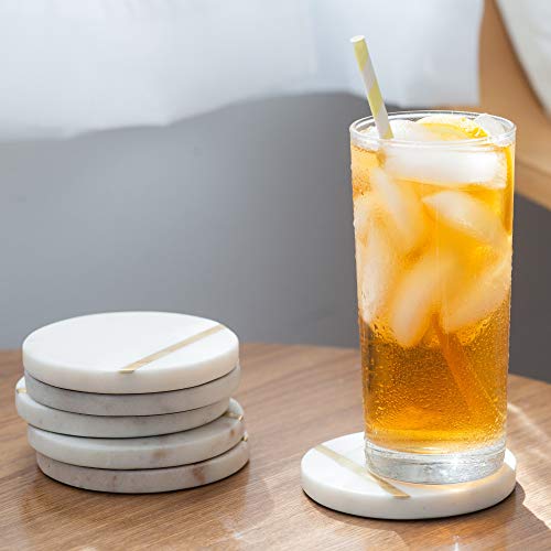 Marble & Gold Brass Inlay Coasters Set of 6 | Elegant White Drink Coasters