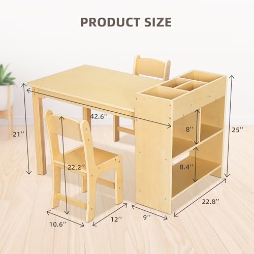 Kids Art Table and 2 Chairs Set with Storage - Wooden Toddler Activity Desk