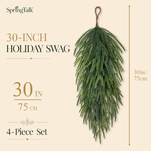 SpringTalk 30in Artificial Teardrop Swags, 4-Pack Norfolk Pine Wreaths for Front Door (Fresh Green)