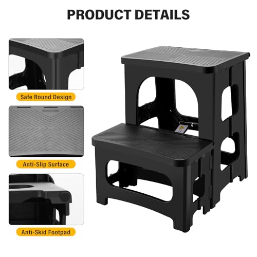 2-Step Folding Stool for Adults, Portable Non-Slip Collapsible Footstool