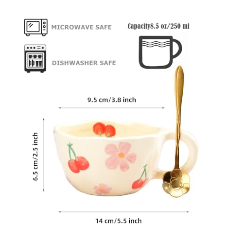 XinHuiGY Pink Flower Handmade Ceramic Coffee Mug with Spoon 8oz – Cute Kawaii Tea Cup for Women, Mothers Day Gift