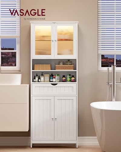 Freestanding Storage Cabinet with LED Lights and Adjustable Shelves, White