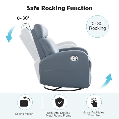 Swivel Rocker Recliner Chair, Manual Faux Leather Glider for Nursery