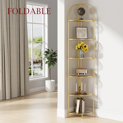 6-Tier Foldable Corner Shelf, Metal Gold Frame Standing Display Rack