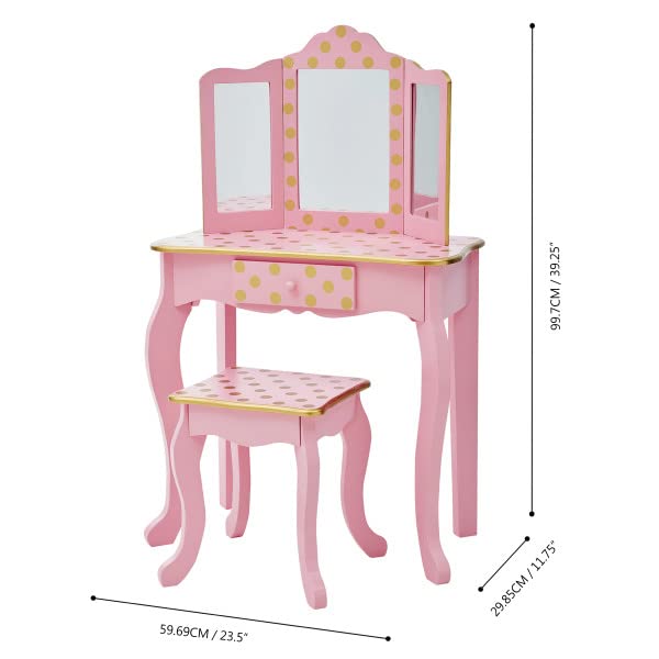 Kids Wooden Vanity Table and Chair Set with Tri-Fold Mirror and Drawer