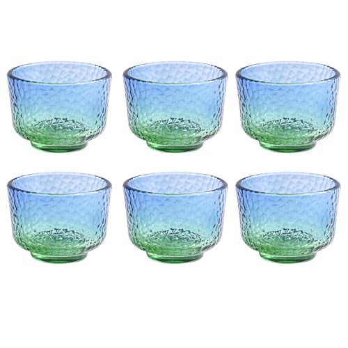 Whitenesser Set of 6 Blue Green Hammered Glass Sake Cups 2.2" Small Drinkware