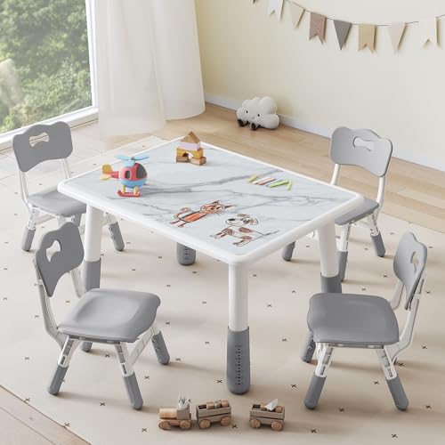 DOREROOM Toddler Table and 4 Chairs Set 31.5''L x 23.6''W Marble Top Grey No-Screw Legs