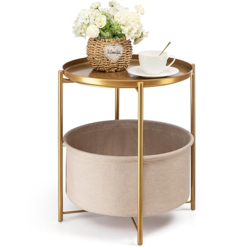 danpinera Gold Side Table with Removable Basket & Tray - Small Round Living Room Nightstand - Variation 1