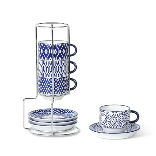Vintage Blue Selamica 2.5 Oz Ceramic Espresso Cups with Saucers & Metal Stand - Set of 4