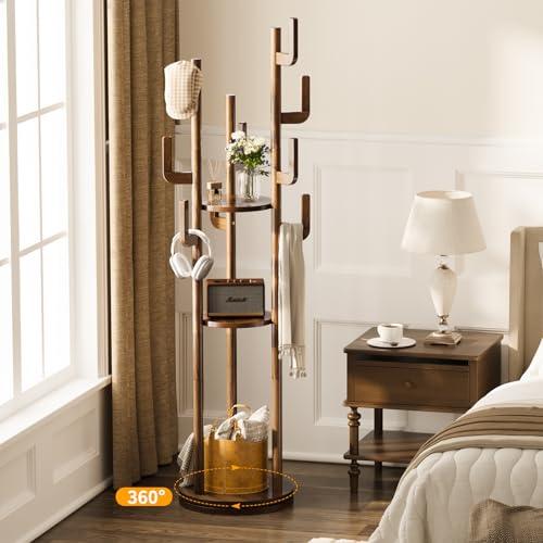 Rotating Solid Wood Coat Rack with 9 Hooks and 3 Storage Shelves