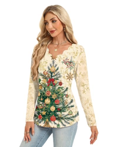 AKEWEI Women's Christmas Long Sleeve Graphic Shirt - Apricot Tree, X-Large Holiday Top
