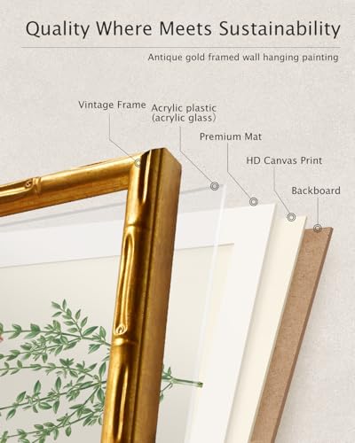 Vintage Botanical Wall Art, Avalanche Lily Print with Gold Bamboo Frame