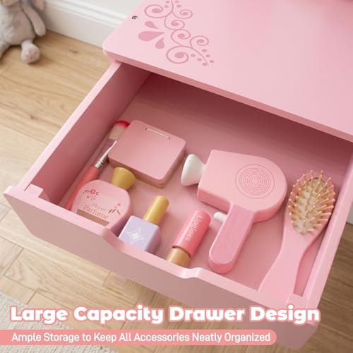 Kids Pink Vanity Table and Chair Set with 7 Pretend Play Makeup Accessories