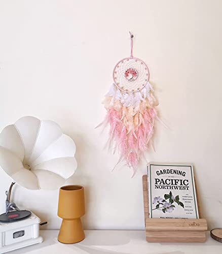Pink Dream Catcher with Tree of Life and Natural Rose Quartz Crystal Stones