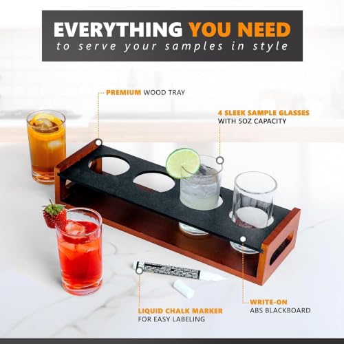 Wooden Flight Tasting Board with 4 Glasses and Chalkboard Labeling