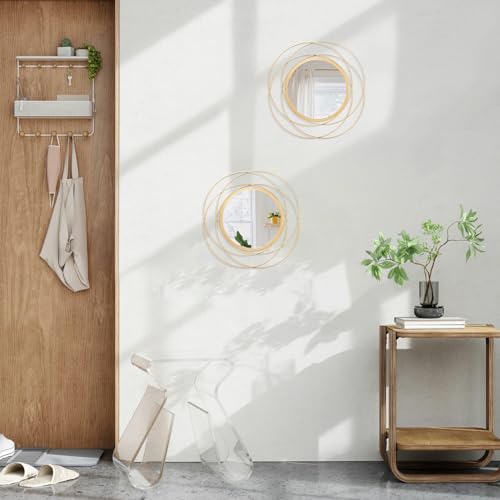 12-Inch Round Gold Wall Mirror Set - Decorative Iron Frame Wall Art (2 Pack)